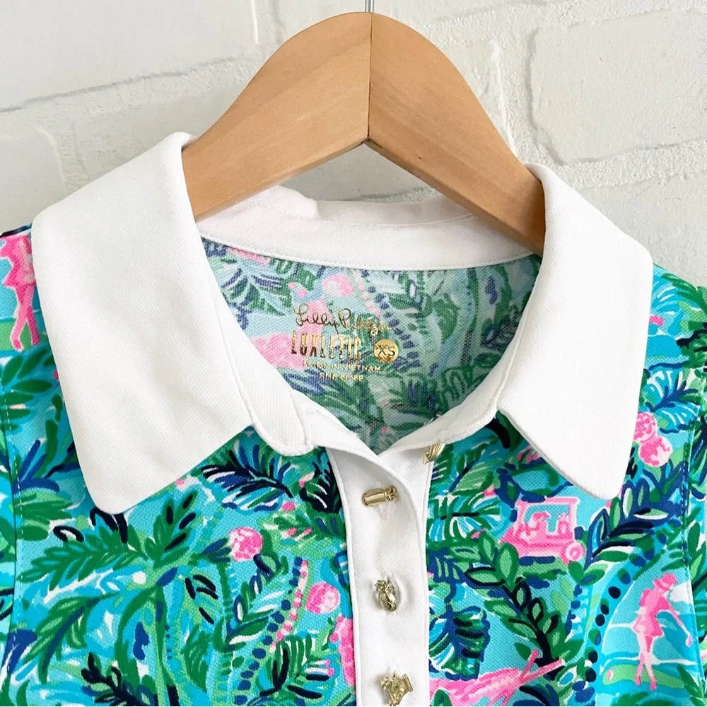 Lilly Pulitzer Imara Golf Print Polo Top Novelty Gold Buttons XS - Picture 4 of 16
